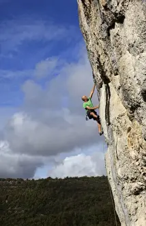 Rock Climber Prints: A climber tackles a steep and challenging route on the cliffs of the Aveyron Gorge