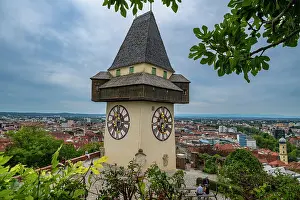 Clock Prints: Clock Tower at Castle Hill showcases rich history and view of Graz city, Austria