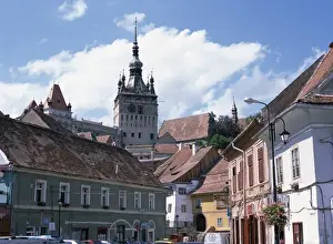 Romanian Prints: Clock tower, on old town citadel, from Piata Hermann Oberth, Sighisoara