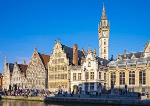 Clock Tower Prints: Clocktower of Former Post Office and medieval guild houses on Graslei and the Leie River