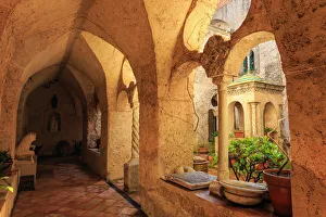 Campania Prints: Cloister, stunning Garden of Villa Cimbrone in spring, Ravello, Amalfi Coast, UNESCO