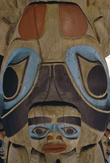 Tribal Prints: Close up of carvings, Thunderbird Park, Victoria, British Columbia (B. C
