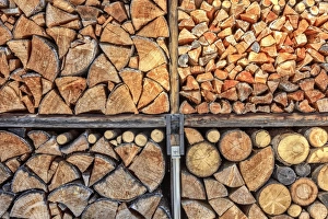 Stacked Prints: Close up details of firewood stack, Switzerland, Europe