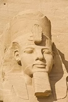 Close up of the head of a giant statue of the great pharaoh Rameses II outside the relocated Temple Rameses II at Abu