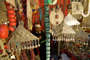 Close up of traditional metal jewellery in handicraft shop
