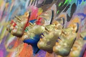 Close-up of artwork faces at John Lennon Wall, Prague, Bohemia, Czech Republic (Czechia), Europe