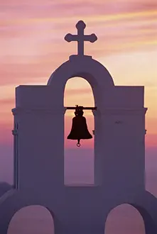Close-up of bell tower on Greek Orthodox church on Santorini