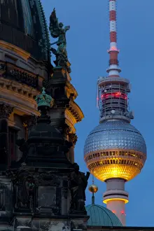 Contrasts Prints: Close-up of the Berliner Dom (Cathedral) with the Television Tower in the background at night
