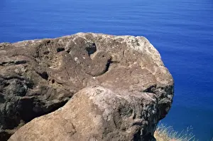 Petroglyph Prints: Close-up of the Bird Man petroglyph at Orongo ceremonial village on crater rim of Rano Kau on Easter Island (Rapa Nui)