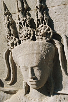 Human Face Prints: Close-up of carved relief, Angkor Wat, Angkor, Siem Reap, Cambodia, Indochina, Asia
