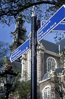 Netherland Prints: Close-up of direction sign for major sights along canal