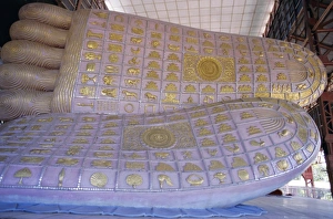 Feet Prints: Close-up of feet of a reclining Buddha statue, Chauk Htat Gyi pagoda, Yangon (Rangoon)