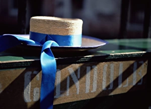Venice Prints: Close-up of gondoliers straw hat and blue ribbon