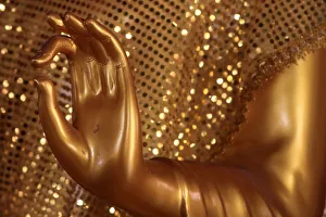 Laos Prints: Close-up of a hand of golden Buddha statue, Wat Simuong (Wat Si Muang), Vientiane, Laos