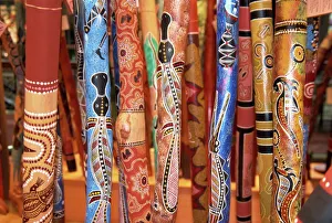 Decorated Prints: Close-up of hand painted digeridoos for sale in Sydney, New Sout Wales
