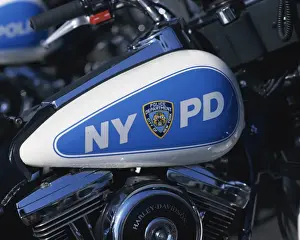Motor Cycles Prints: Close-up of Harley Davidson motorcycle with insignia of the City of New York Police Department