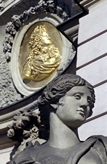 Mitte Prints: Close-up of the head of a female statue and frieze behind at Zeughaus