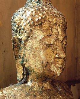 Human Face Prints: Close-up of the head of a statue of the Buddha covered in gold leaf