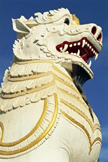 Chinthe Prints: Close-up of the huge lion statue (chinthe), at the foot of the stairs to Mandalay Hill