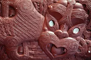 Indigenous Art Prints: Close-up of Maori carving on Ohinemutu marae meeting house
