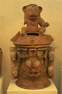 Maya Prints: Close-up of a Mayan funerary urn in the Popol Vuh Museum