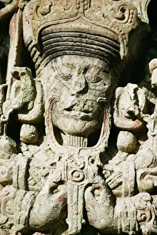 Ancient Ruins Prints: Close-up of Mayan statue, stelae B dating from 731 AD depicting Rabbit 18