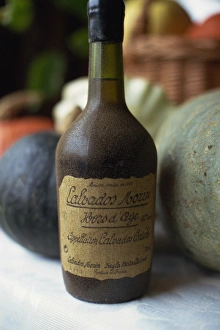 Calvados Prints: Close-up of an old bottle of Calvados from Normandy, France, Europe
