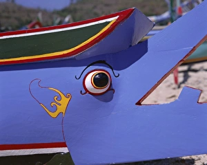 Balinese Tradition Prints: Close-up of painted eye on side of fishing boat