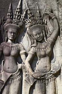 Dancer Prints: Close-up of relief sculpture of Apsara, heavenly dancer of the Khmer Kingdom