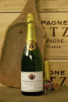 Single Object Collection: Close-up of a single bottle of Deutz champagne from Ay-en-Champagne, Ardennes