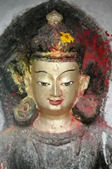 Close-up of statue of the Buddha in Swayambhunath Temple, Kathmandu, Nepal, Asia