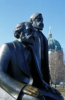 Close-up of statue of Marx and Engels