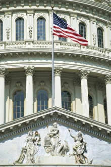 Capitol Building Prints: Close-up of statues and the American flag