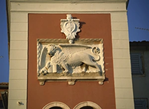 Venetian Prints: Close-up of Venetian winged lion, clock tower, Rovinj, Croatia, Europe