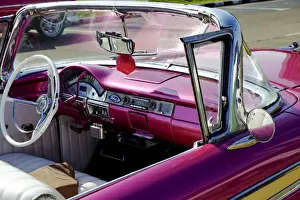 Close view of drivers seat of classic vintage convertable car, Havana, Cuba