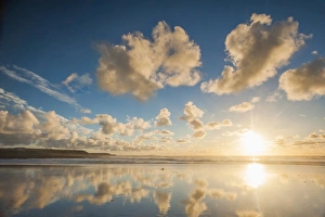 Cloud reflections at Constantine Bay at sunset, Cornwall, England, United Kingdom, Europe