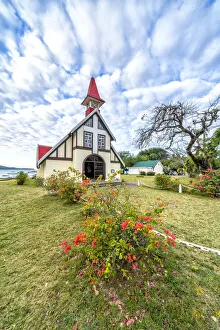 Cap Malheureux Prints: Clouds over the red roof of Notre Dame Auxiliatrice Church, Cap Malheureux, Mauritius