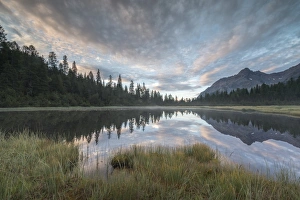Clouds reflected in Lake Entova at dawn, Entova Alp, Malenco Valley, Sondrio province