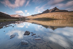 Lago Bianco Prints: Clouds reflected in water at dawn, Lago Bianco, Gavia Pass, Valfurva, Valtellina