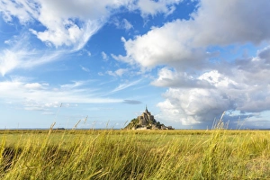 Clouds in the sky and grass in the foreground, Mont-Saint-Michel, UNESCO World Heritage Site