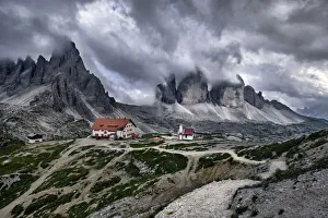 Cloudy day on Locatelli hut and Three Peaks in the Dolomites, Trentino-Alto Adige, Italy