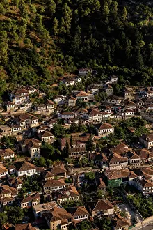 Settlement Prints: Cluster of Ottoman houses with red roofs in Gorica quarter surrounded by green hillside in Berat County