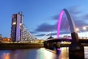 Curved Prints: Clyde Arc (Squinty Bridge) and residential flats, River Clyde, Glasgow, Scotland