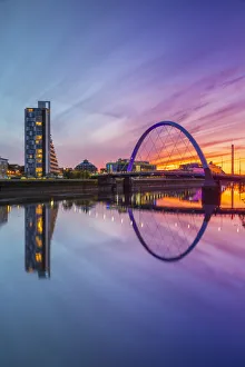 Clyde Arc (Squinty Bridge) at sunset, River Clyde, Glasgow, Scotland, United Kingdom