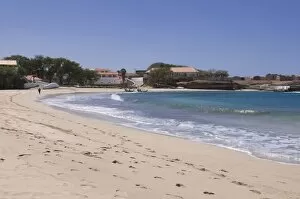 Coast with sandy beach and buildings, Tarrafal, Santiago, Cape Verde Islands, Africa