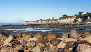 Zealand Prints: Coastal boulders and limestone cliffs by the ocean under clear skies in New Zealand offer a view of nature's beauty