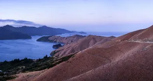 Zealand Prints: Coastal hills and turquoise waters seen from a viewpoint at French Pass in Marlborough Sounds