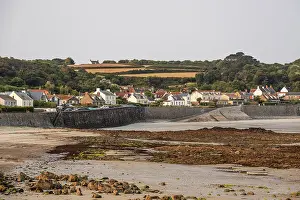 Flats Prints: Coastal houses and fields with tidal flats near Rocquaine Bay in Guernsey Channel Islands