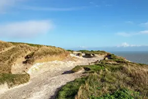 Coastal Path Prints: Coastal landscape with sandy dunes and a clear blue sky on a sunny day