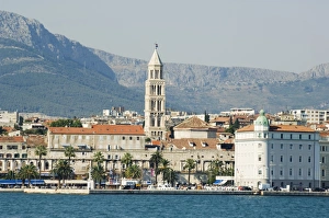 Croatian Prints: Coastal mountains and waterfront town buildings, Split, Dalmatian Coast, Croatia, Europe